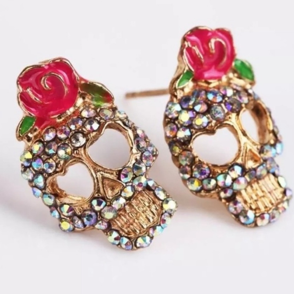Calavera Sugar Skull Crystal Earrings - Picture 2 of 3